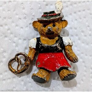 Vintage SD Enamel Teddy Bear Brooch Dirndl Oktoberfest Pretzel Pin Silver Tone